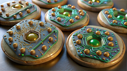 Fototapeta premium Several decorated cookies with circuit board and cell designs are displayed