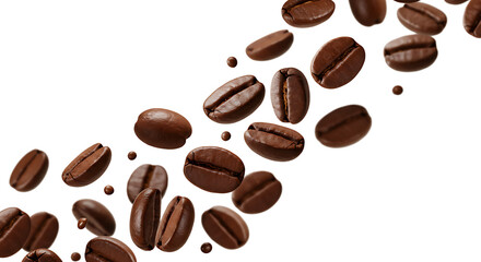 Obraz premium A scattering of roasted coffee beans on a black background creating a dynamic and aromatic scene