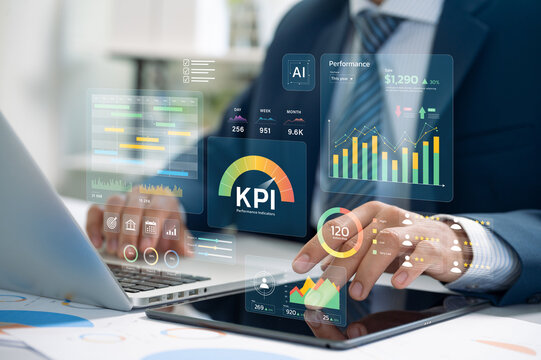 Business professional using KPI dashboard with AI-powered performance analytics, sales growth data, and risk indicators to drive financial strategy and operational optimization in corporate setting