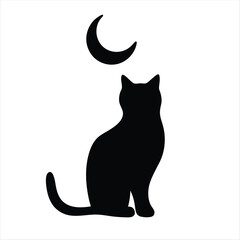 Silhouette of a black cat sitting under a crescent moon vector illustration