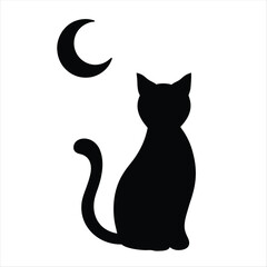 Elegant black cat silhouette gazing at the crescent moon in the night