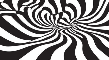 Abstract vector black and white swirling pattern creating an optical illusion. Dynamic background with distorted lines and shapes.