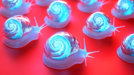 A group of glowing, metallic snails on a vibrant background.