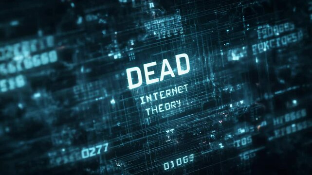 Glitchy digital grid with floating text Dead Internet Theory, eerie tech conspiracy atmosphere