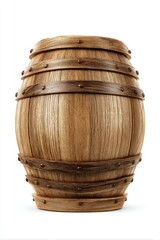 Obraz premium Rustic wooden barrel isolated on white background studio shot close up front view storage container aged oak cask