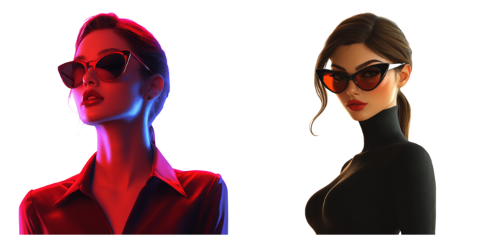 Confident woman in red dress with long black hair and sunglasses isolated on transparent PNG image perfect for fashion campaigns or magazine covers