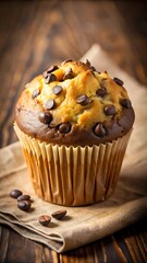Freshly baked chocolate chip muffin with coffee beans on rustic wooden background