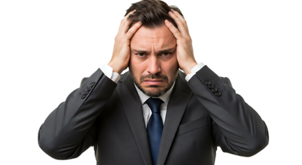 Man in suit with hands on head expressing stress and frustration against black background in studio shot