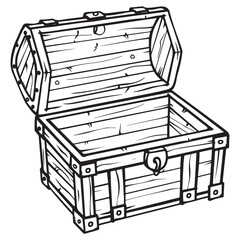 Vintage Treasure Chest Illustration with Detailed Wooden Design, Treasure chest with gold coins sketch icon