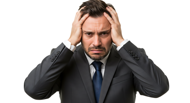 Man in suit with hands on head expressing stress and frustration against black background in studio shot