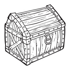 Vintage Treasure Chest Illustration with Detailed Wooden Design, Treasure chest with gold coins sketch icon