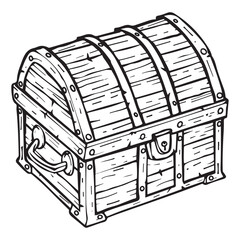 Vintage Treasure Chest Illustration with Detailed Wooden Design, Treasure chest with gold coins sketch icon