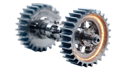 A glowing 3D gear icon with metallic textures, representing machinery and precision, displayed on white --ar 16:9 --v 7.0 --s 750