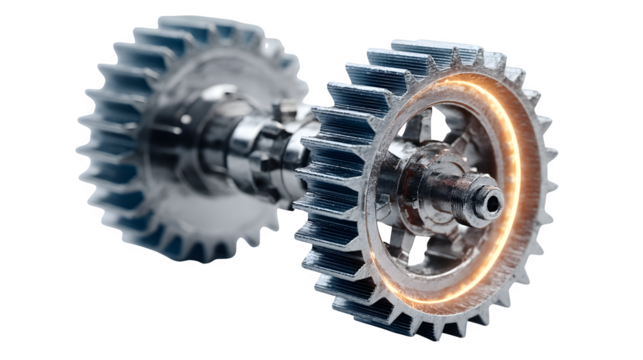 A glowing 3D gear icon with metallic textures, representing machinery and precision, displayed on white --ar 16:9 --v 7.0 --s 750