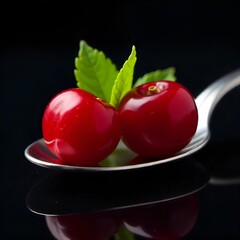 Fresh Red Cherries with Green Leaves on Silver Spoon