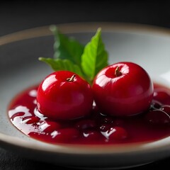 Red Cherries with Green Leaves in Cherry Sauce on White Plate