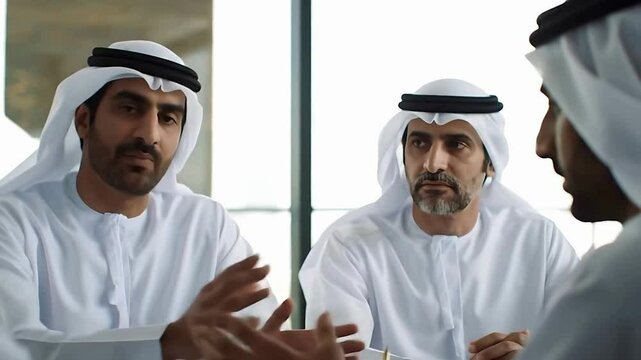 Business meeting with arab men in traditional attire discussing ideas