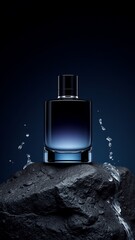 perfume mockup design on stone with dark background.