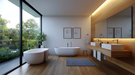 Fototapeta premium Serene modern bathroom retreat with a view of the city skyline