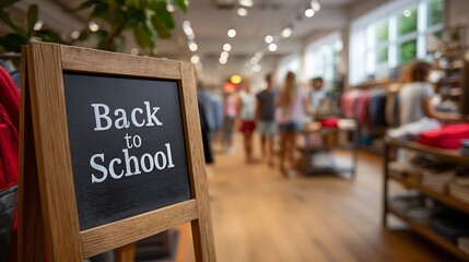 Back to school sign in store with shoppers browsing clothing racks and shelves in the background blurred view