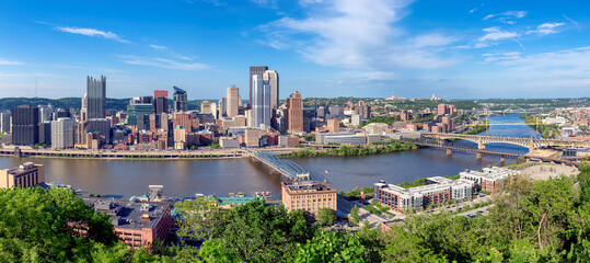 Panoramic view of Pittsburgh city from Grandview Overlook in spring sunny day in Pittsburgh, Pennsylvania.	