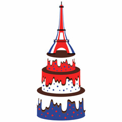 A symbolic illustration of a multi-tiered cake decorated in the colors of the French flag with the Eiffel Tower on top, creating a festive and patriotic mood.