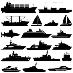 Set of black silhouette icons featuring various watercraft and sea creatures, including cargo ships, submarines, yachts, sailboats, jet skis, sharks, and naval vessels on a white background.