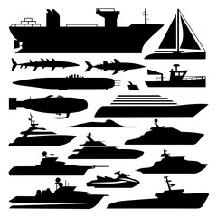 Set of black silhouette icons featuring various watercraft and sea creatures, including cargo ships, submarines, yachts, sailboats, jet skis, sharks, and naval vessels on a white background.