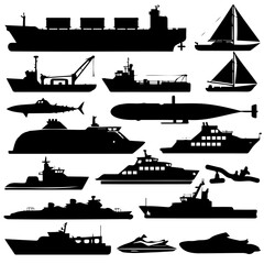 Set of black silhouette icons featuring various watercraft and sea creatures, including cargo ships, submarines, yachts, sailboats, jet skis, sharks, and naval vessels on a white background.