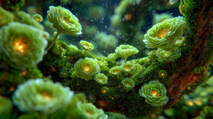 Fototapeta premium Abstract glowing botanical or fungal spheres with radiating light, floating in an underwater mossy environment