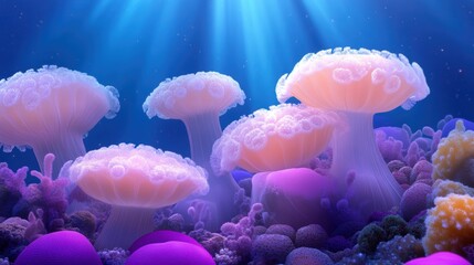 A mesmerizing underwater scene showcasing vibrant jellyfish floating gracefully among colorful coral formations, Perfect for educational materials, ocean conservation campaigns