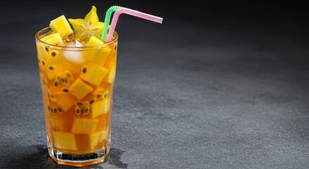 Colorful tropical fruit cocktail in glass with exotic fruits. Neutral background with copy space for design use.