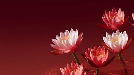 Obraz premium A serene display of blooming lotus flowers against a rich red background. Captivating and vibrant, this image embodies beauty and tranquility. Ideal for nature lovers and wellness purposes. AI