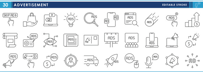 A set of line icons related to Advertisement. Shopping, ads, online, skip, earn, promote, sell, and so on. Vector editable stroke.