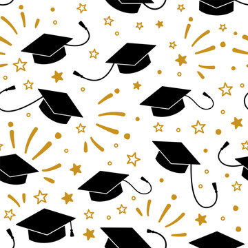 Graduation Background. Seamless pattern with graduation caps and stars. Vector Illustration