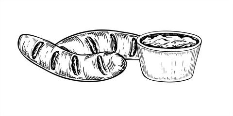 Two grilled sausages with sauce bowl monochrome vector illustration painted by black inks. Bratwurst or chorizo griller for BBQ branding, food packaging, summer menus and outdoor event designs.