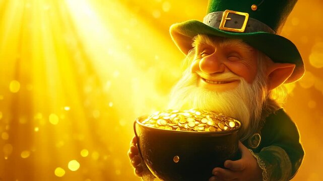 leprechaun holding black pot of gold into the camera. yellow shining background