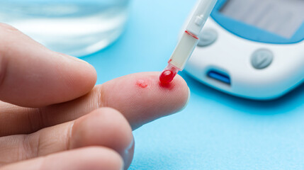 Close-up of diabetic finger prick test with blood drop on glucose meter, diabetes care and monitoring, health checkup and medical examination concept.