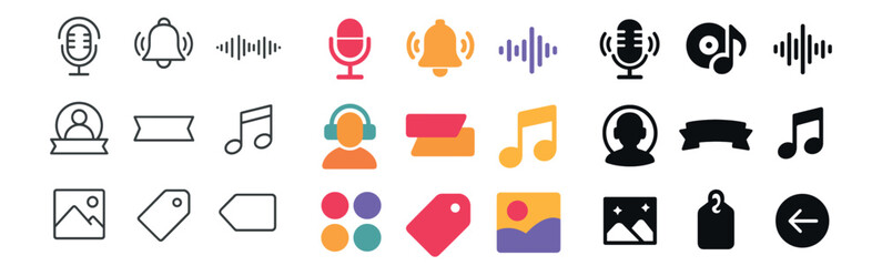 Music and podcast icon collection: silhouette, linear, flat audio and sound styles
