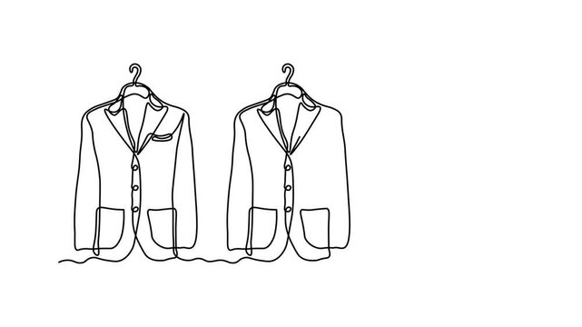Abstract wardrobe, men's formal suit, jacket hanging on a hanger, Self drawing animation one continuous line draw, logo