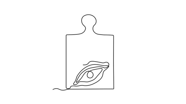 Abstract Khachapuri traditional food, Adjarian and Georgian dish. Baked bread with cheese and egg on the cutting board. Self drawing animation one continuous line draw, logo