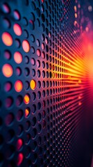 Metal sheet with circular holes, illuminated with warm and cool light, creating a dynamic perspective
