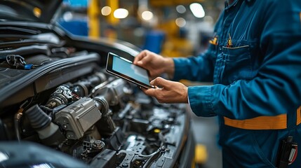 Mechanic uses tablet to diagnose car engine issues in a workshop