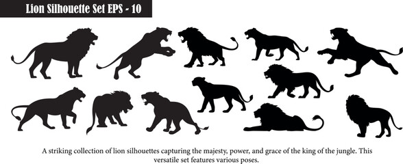 Lion Silhouette Set | Majestic Lion Silhouettes | Lion Poses | Jungle King | Lion Mane