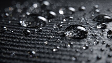 Forged carbon fiber surface adorned with water droplets reveals intricate texture and sheen