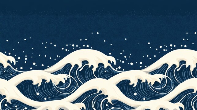 A stylized illustration of rolling ocean waves against a dark background, perfect for use in maritime themes, beach travel promotions, or as a backdrop in creative designs,