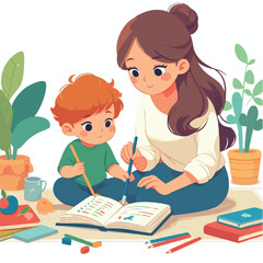 mother teaches her child to read