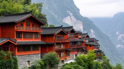 Fototapeta premium A stunning hillside view showcases traditional red Chinese architecture nestled among lush greenery and majestic mountains, Ideal for travel, cultural themes, or architectural design projects,