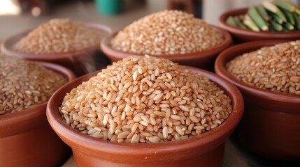 Colorful bowls filled with various grains, prominently featuring a mound of golden rice, create an inviting market atmosphere, Ideal for food-related articles, cooking blogs, or wellness content,