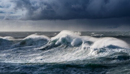 dramatic portrayal of a turbulent sea with towering waves amidst a raging storm depicting the raw power and intensity of nature in a visually stunning composition